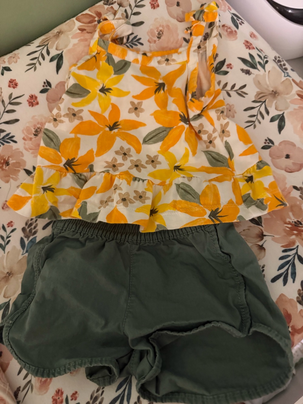 0-3 Carters Yellow Floral Ruffle Tank Top with Olive Green Shorts